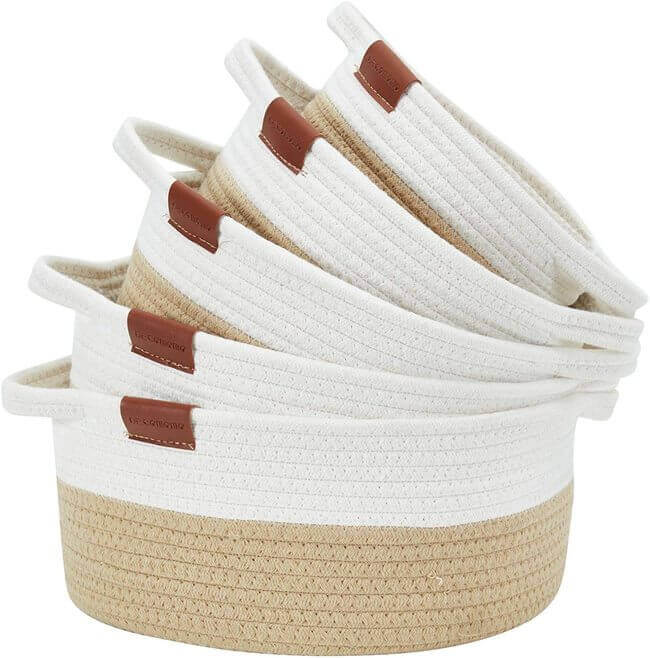 bins and baskets to store detergents and extra items for laundry organization