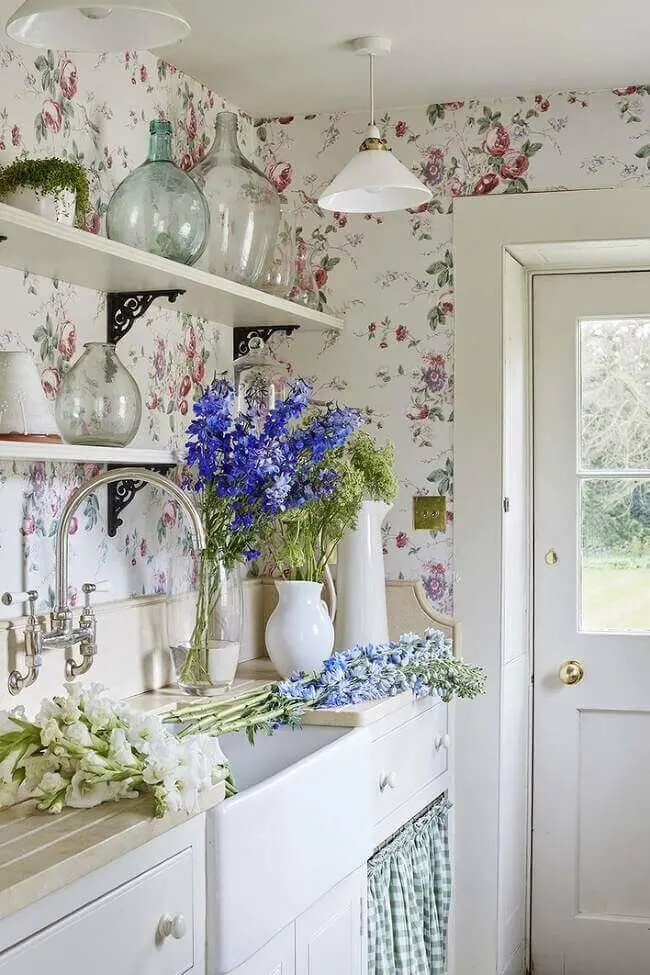 Sims-Hilditch-pantry-with-pretty-floral-wallpaper Consider a British kitchen with patterned curtains