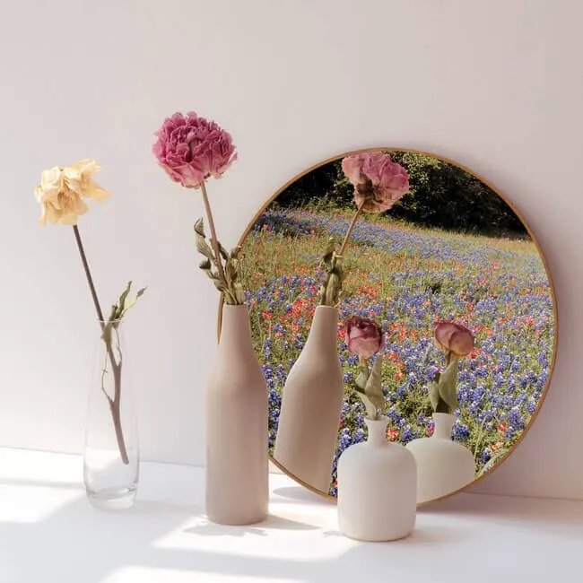 English cottage home décor with dried-flowers-minimal-vases-by-round-mirror