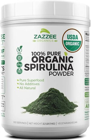 Zazzee USDA Organic Spirulina Powder 2.2 Pounds (1 KG), 303 Servings, 100% Pure and Non-Irradiated, Vegan, All-Natural, and Non-GMO, Mess-Free Wide Mouth Container, Fresh Smell and Neutral Taste