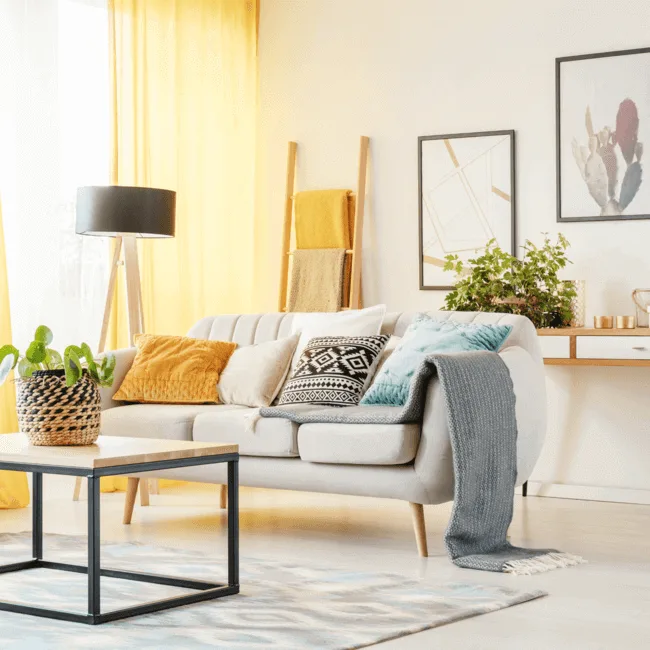 things you should declutter from a living room - lovely living room with pillows on sofa, lots of natural light with coffee table and area rug. Very cozy!