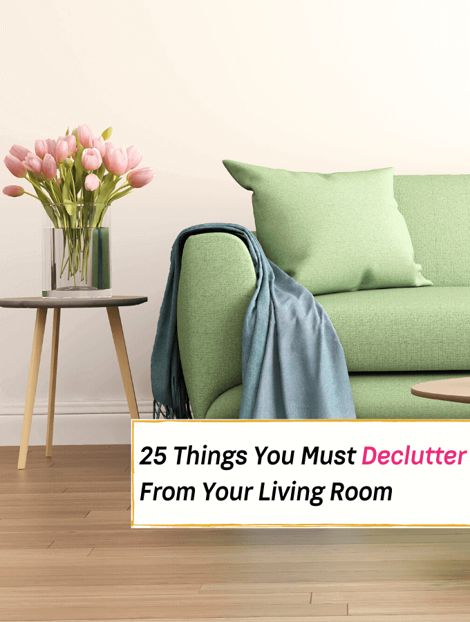 how to declutter your living room, things to declutter from the living room - green sofa with blue blanket with a side table of fresh pink tulips on a living room