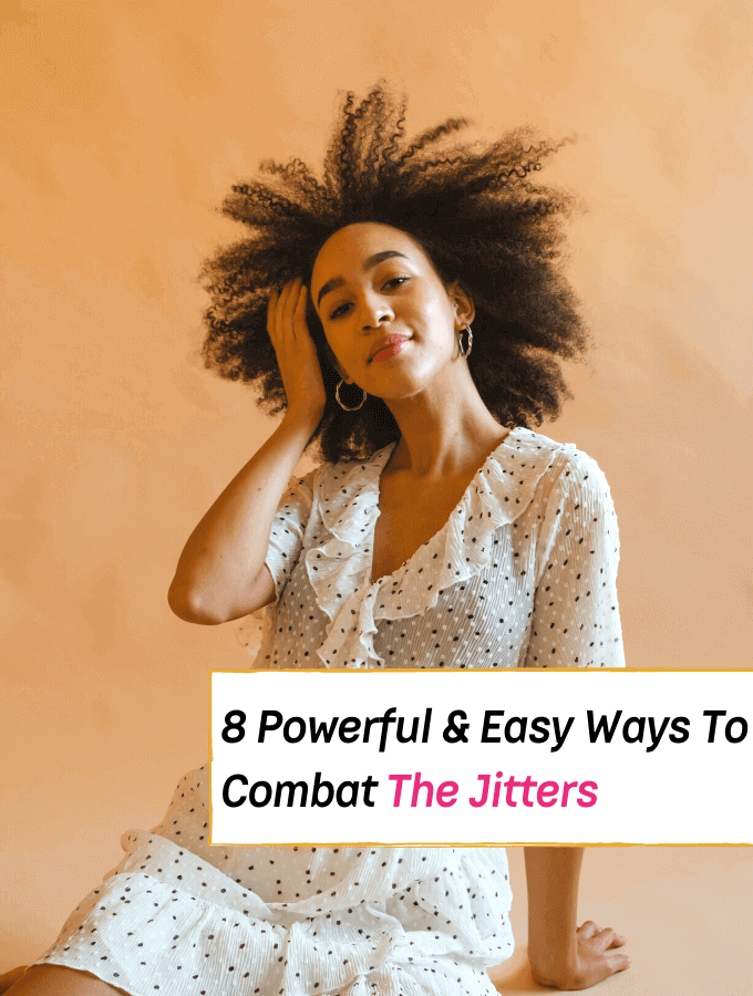 jitters and how to calm the jitters down when you are feeling anxious and stressed out. woman sitting in pretty polka dot dress smiling with a sense of calm on her face