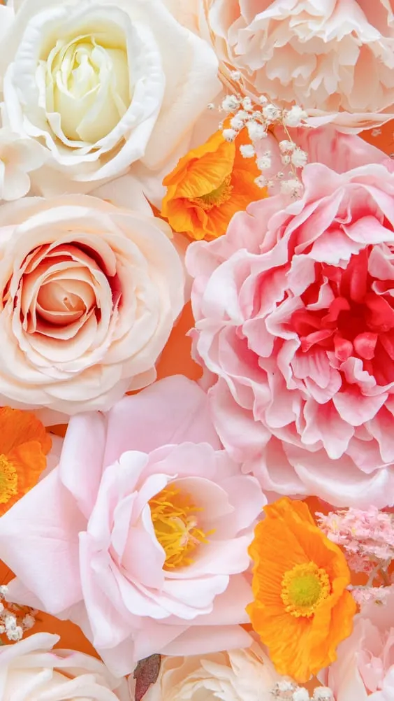 up-close bright pink, orange and white floral arrangement wallpaper.