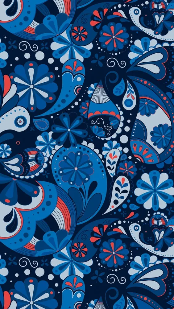 Blue flower power patterned wallpaper.