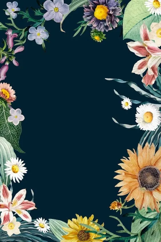 tropical flowers artwork framed on navy blue background.