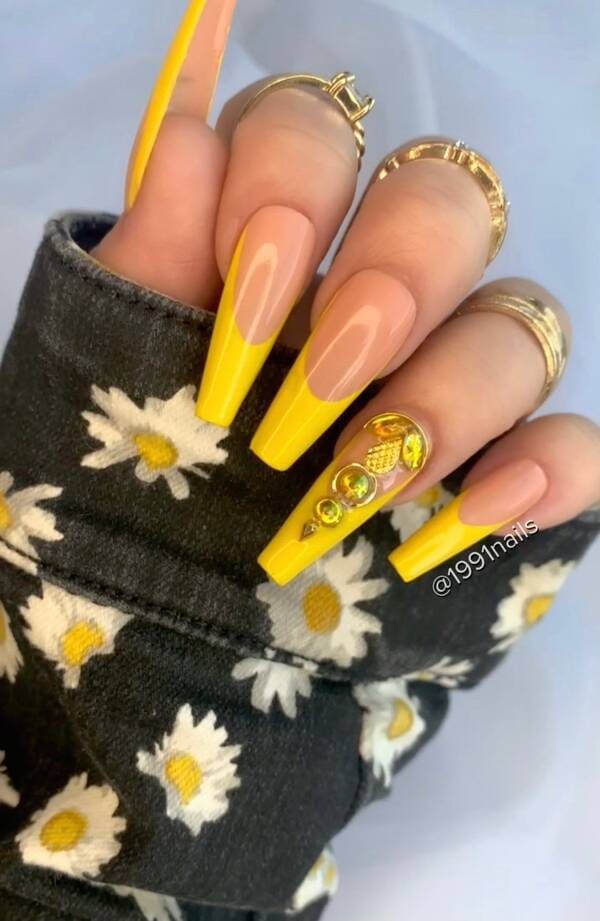 French tips yellow nails with rhinestones