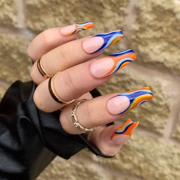 Blue & orange funky swirl french tip nails