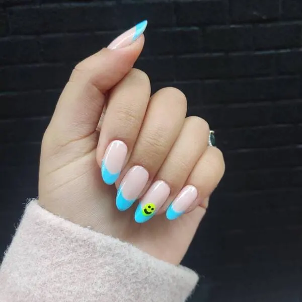 French tip smiley face blue nails
