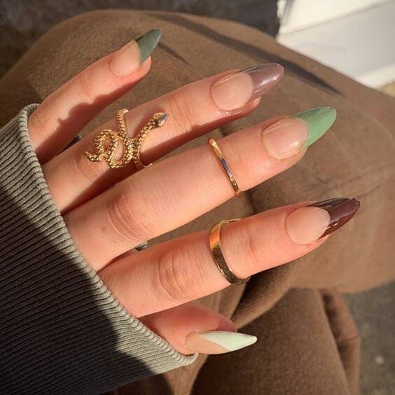 Brown & green french tip press on nails