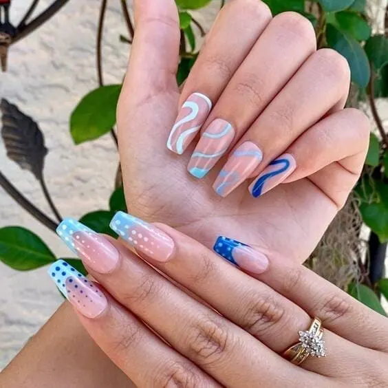 Blue abstract and french tip mismatch nail