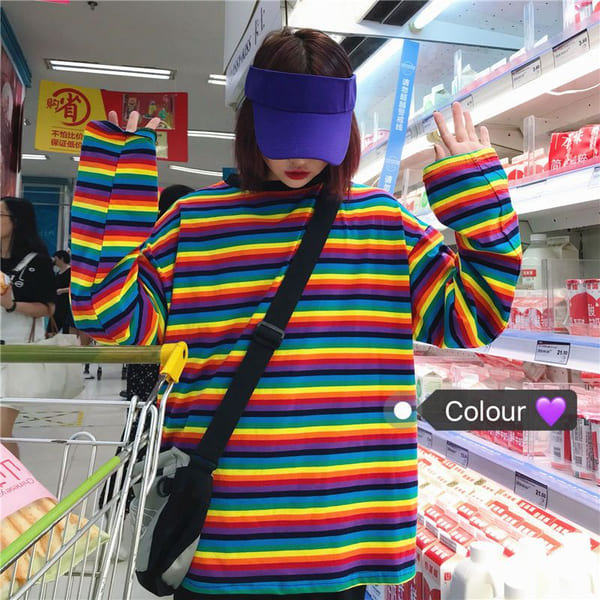 kidcore aesthetic, Over-sized Striped Rainbow Shirt
