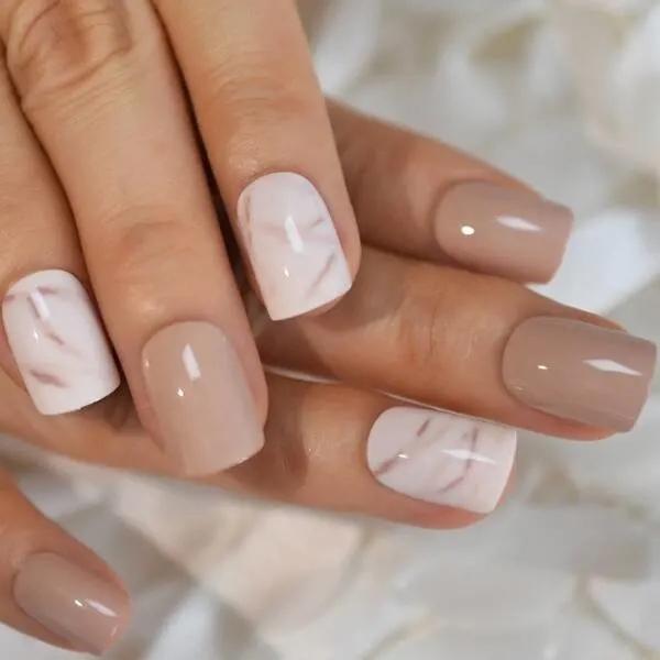 nude marble square nail design