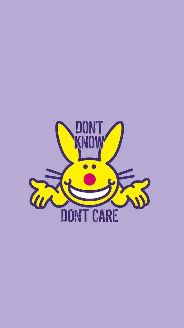 "don't know, don't care" quote wallpaper with pastel purple background and bright yellow bunny
