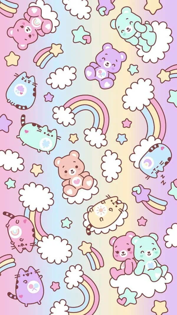 Pastel blue, pink and yellow rainbows and bears wallpaper