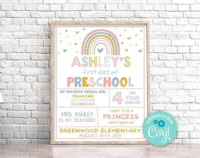 Editable First Day of Preschool Sign Boho Rainbow First Day of School