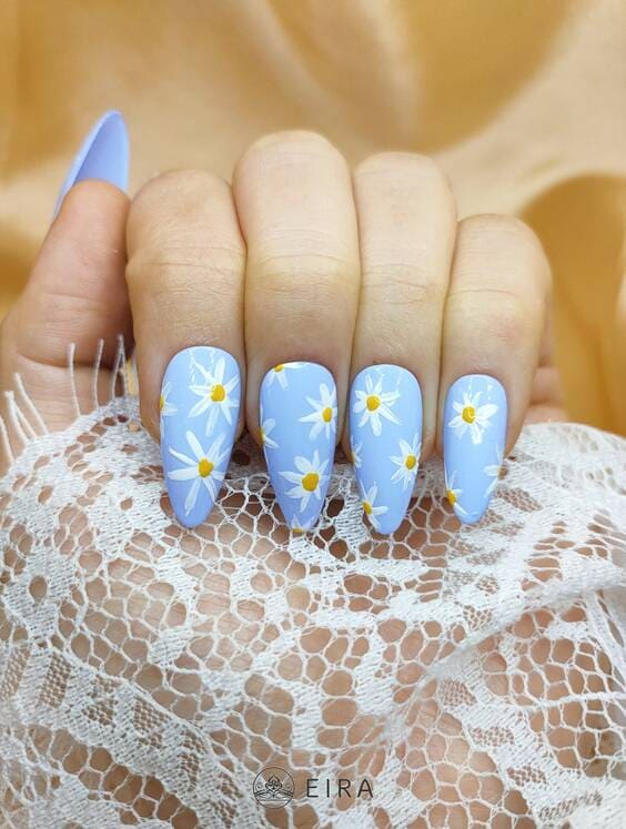 Baby blue pastel flower nails