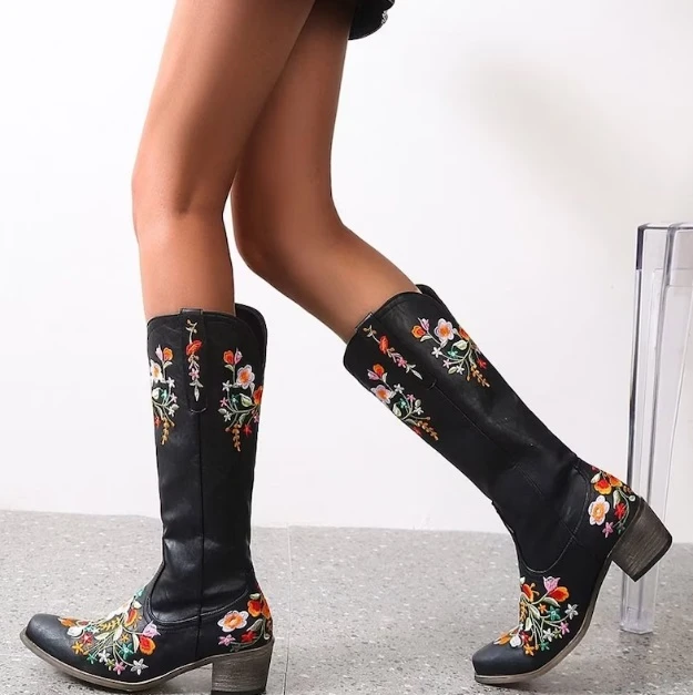 bohemian leather boots with flowers for outfit ideas