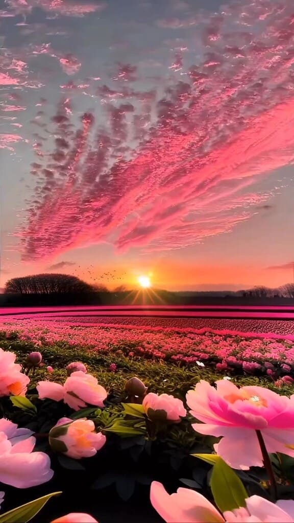 beautiful pink flowers in a field with a sunset in the horizon