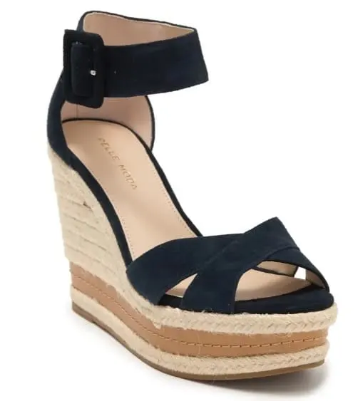 Sleek black espadrille wedges with crisscross straps and a natural jute heel