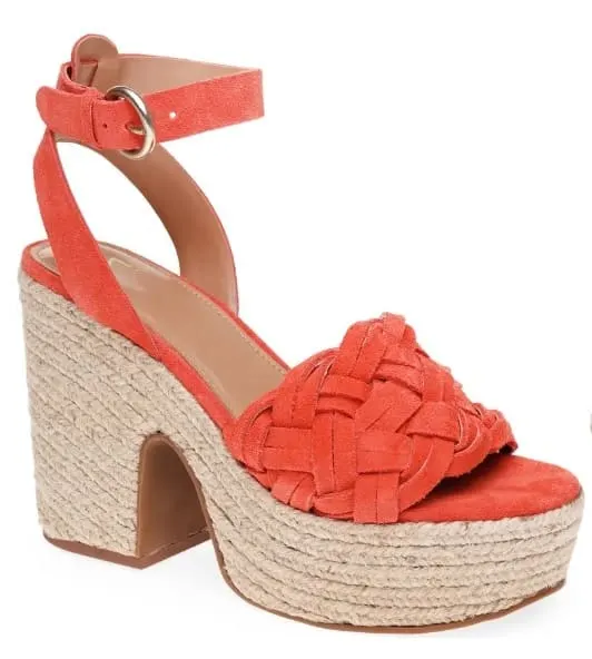 Coral suede espadrille heels with braided detail and chunky jute platform