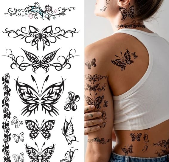 Black Tribal Butterflies Temporary Tattoo