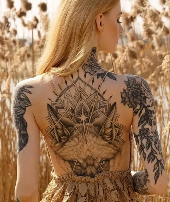 Gorgeous Wolf Back Tattoo