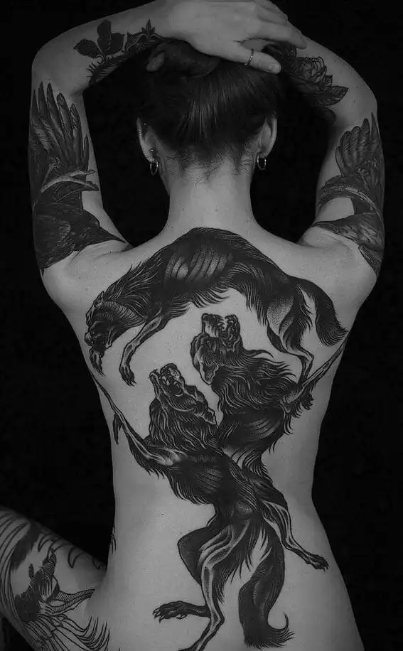 Full Wolf Back Tattoo