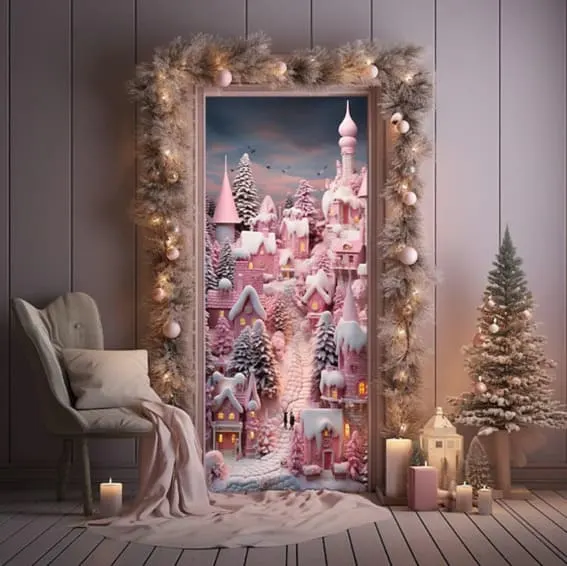 A magical Christmas door decoration with a pink village scene.