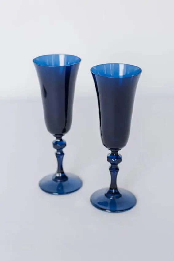 Elegant blue glass champagne flutes.