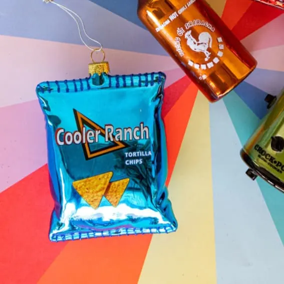 A novelty Cooler Ranch chip bag Christmas ornament.