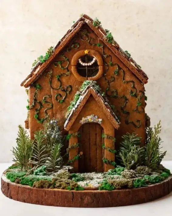 A gingerbread house with icing details and a snow-like sugar setting, evoking holiday warmth.