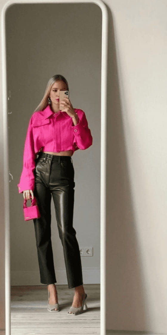 Pop Of Pink With Denim Jacket leather pant outfit idea