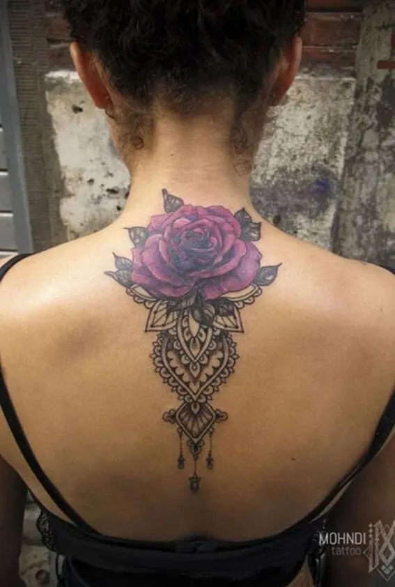 Purple Rose Tattoo on back of neck 