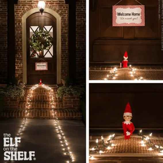 Elf on the Shelf awaits on a twinkling light runway at the front door.
