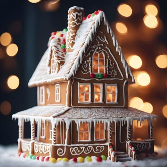 A gingerbread house with illuminated windows and detailed icing against a bokeh light background.