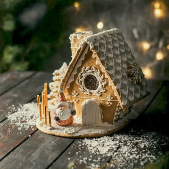 An intricately decorated gingerbread house, dusted with powdered sugar, under a warm glow.