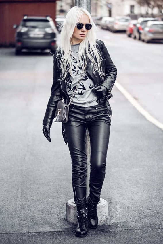 black leather jacket, graphic tee, and matching leather pants