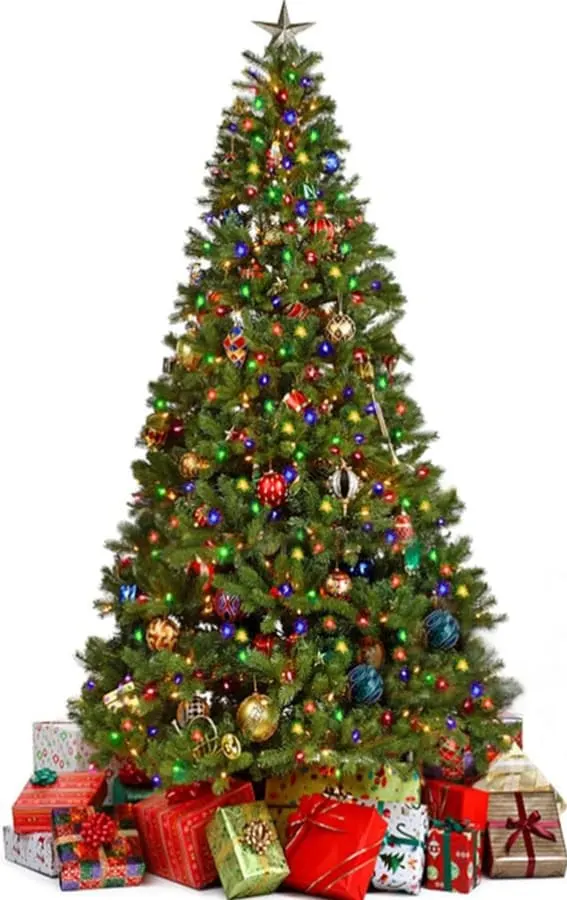 A 6-foot Juegoal artificial Christmas tree adorned with 300 LED multicolor string lights, not pre-strung, surrounded by a variety of colorful gift boxes.
