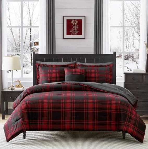 A red plaid queen comforter set offering warmth and a breathable design.