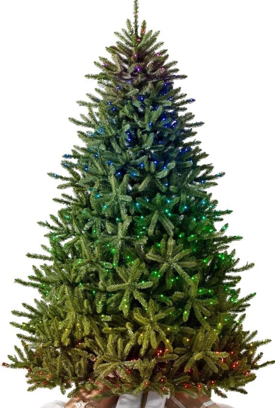 A 6-foot Balsam Hill prelit Classic Blue Spruce artificial Christmas tree with customizable Twinkly LED lights.