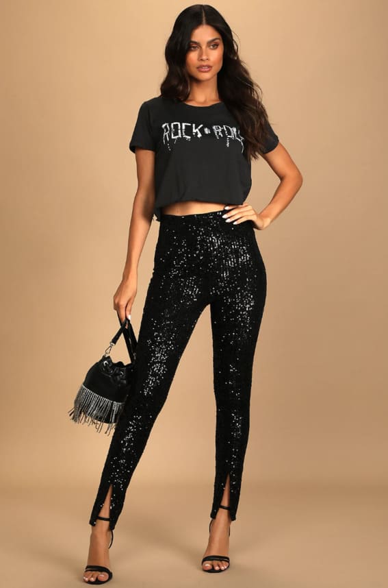 This outfit combines edgy and glam with sparkling black sequin leggings and a rock 'n' roll crop top.