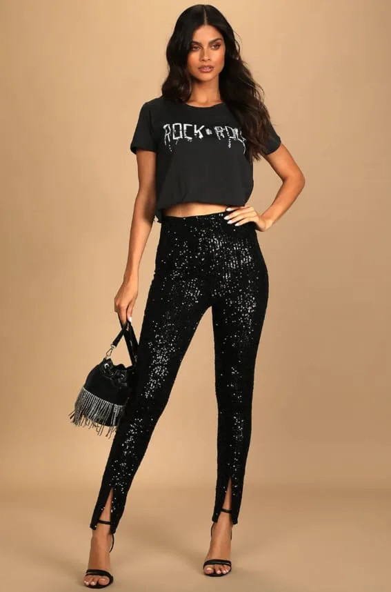 This outfit combines edgy and glam with sparkling black sequin leggings and a rock 'n' roll crop top.