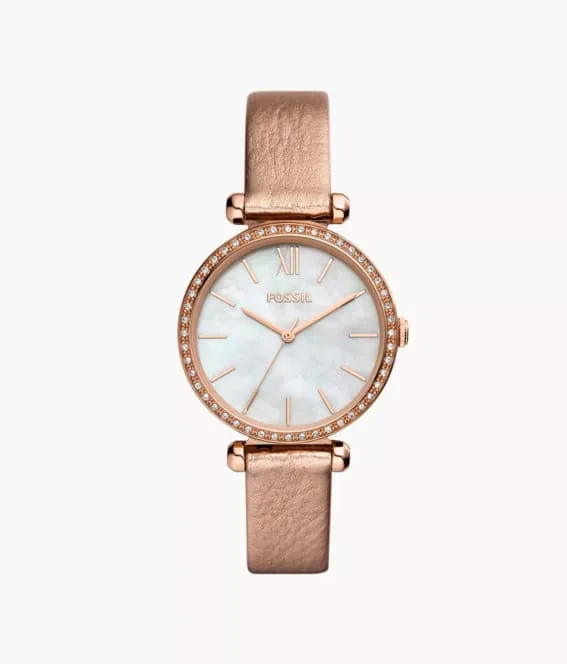 Elegant rose gold-tone Fossil watch with crystal accents, a timeless Christmas gift.