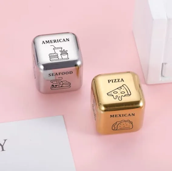 Fun food takeout dice to decide between American, Seafood, Pizza, or Mexican.