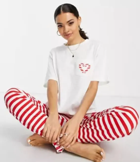 Crisp White Tee and Red Striped Pajama Bottoms for a Festive Touch