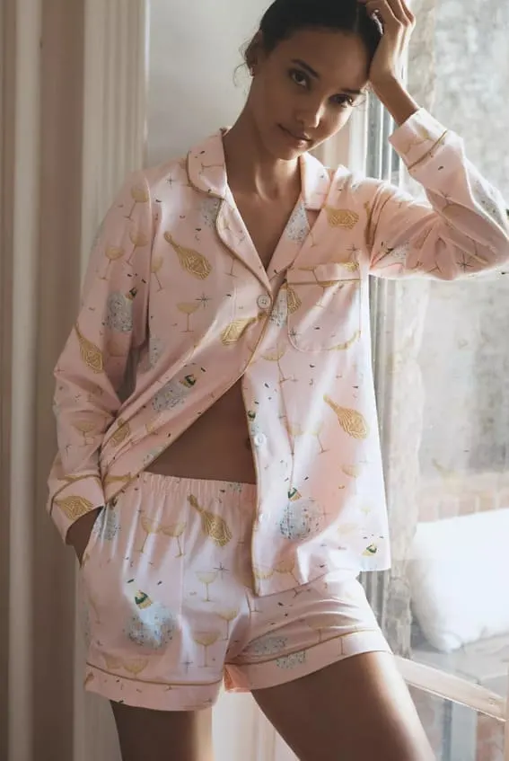 Pink Pajama Set with Festive Champagne Print for Celebratory Slumbers