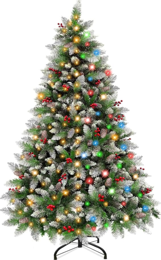 A 6-foot prelit Christmas tree with snow-flocked branches, pinecones, red berries, and warm white/multicolor changeable lights.