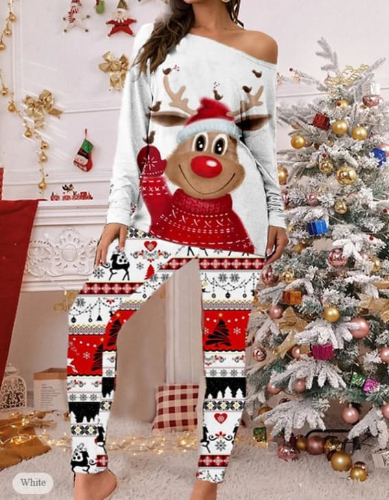 One-Shoulder Reindeer Top with Patterned Festive Leggings