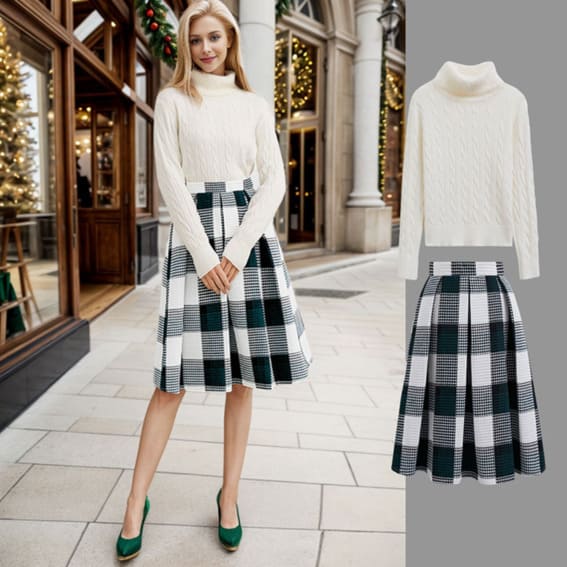 Elegant white cable knit and plaid skirt combo from Chicwish